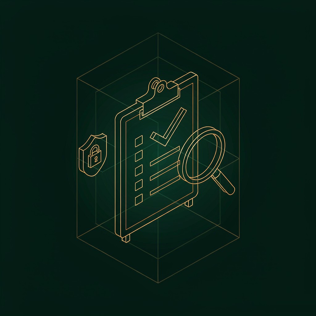Illustration of a checked clipboard, magnifying glass and shield