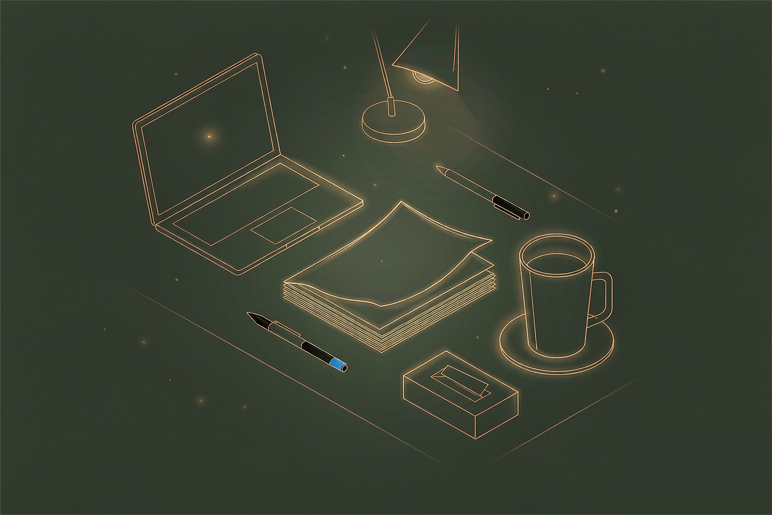 Flat-lay illustration of a desk with a laptop and stacked prompt packs