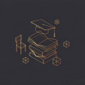 BUNDLE cover: gold wireframe books and graduation cap on dark ground