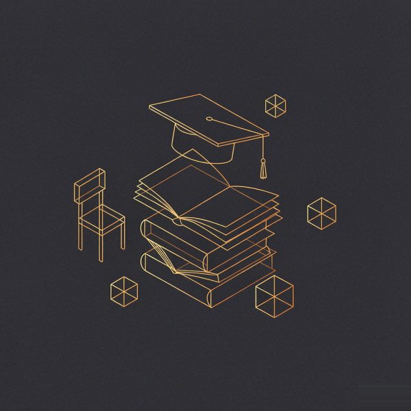 BUNDLE cover: gold wireframe books and graduation cap on dark ground